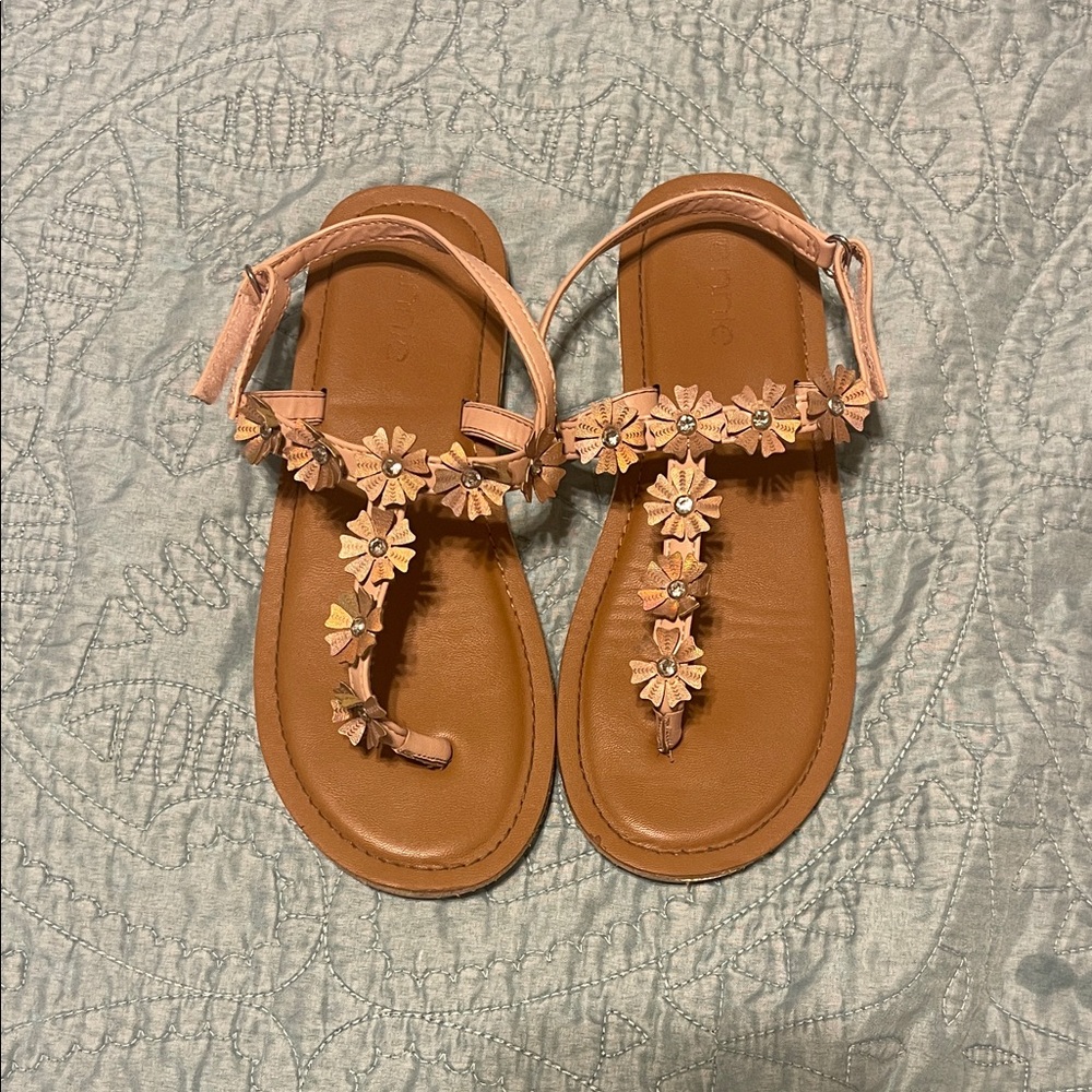 Annie Pink Floral T-Strap Sandals with Brown Footbed